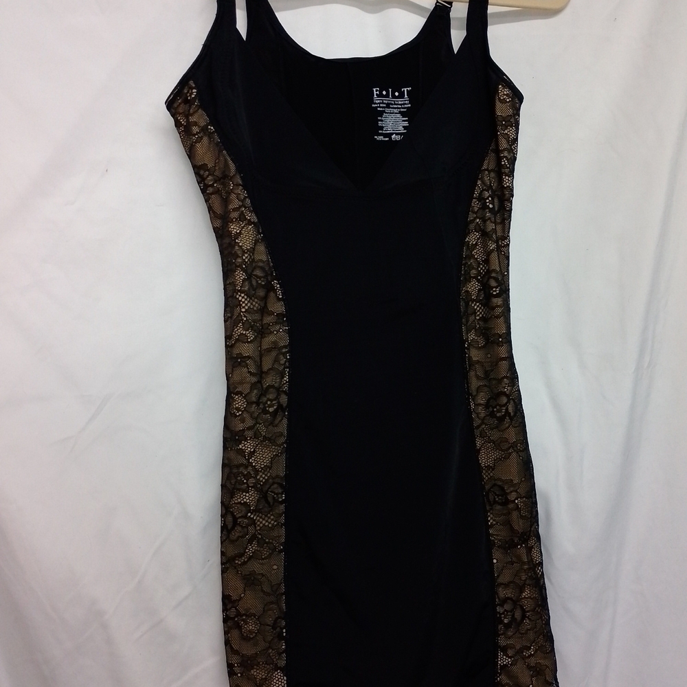 Elegant Black and Tan Lace Slip Dress